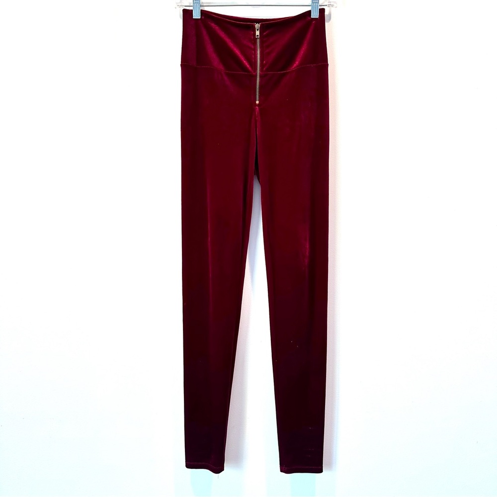 Love Culture Women's Ruby Red Velvet Gold Zipper Leggings, Size S/M